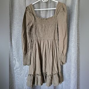 Zexxxy Smocked Square Neck Puff Sleeve Mid Length Dress Green Size M Linen Blend